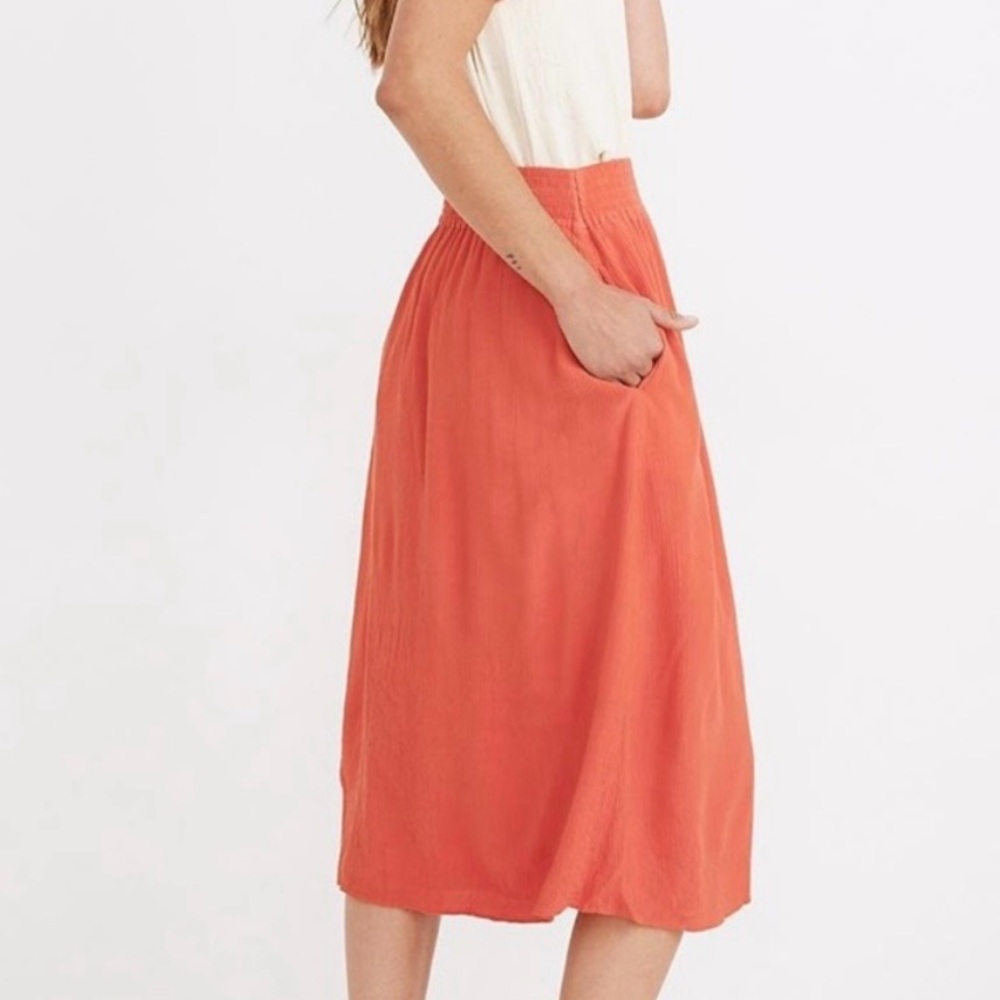 Madewell Smocked Waist Crinkle Gauze Button Front Midi Skirt Coral Womens XXS